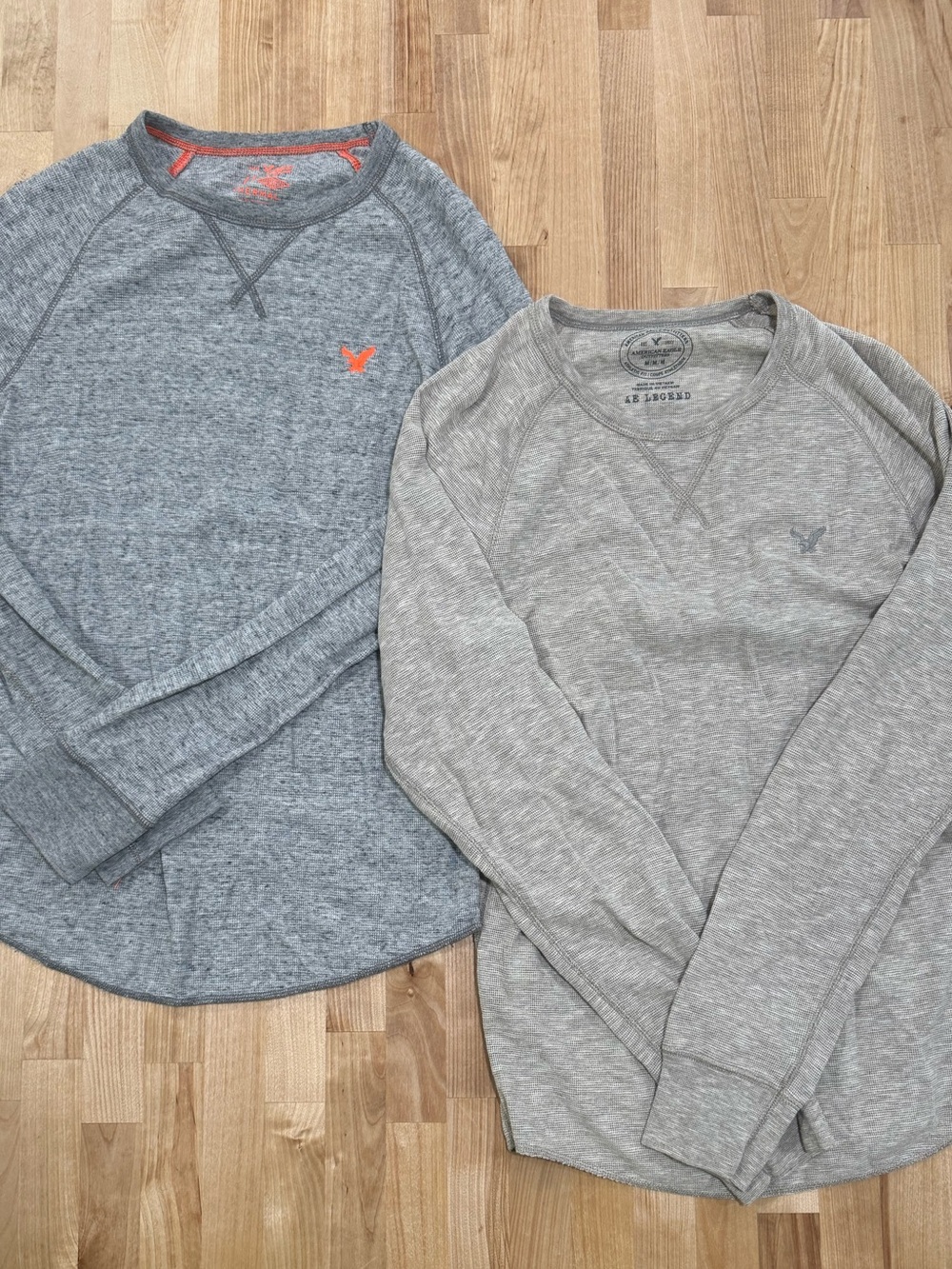 American Eagle Duo: Heather Gray & Light Beige Long-Sleeve Tops